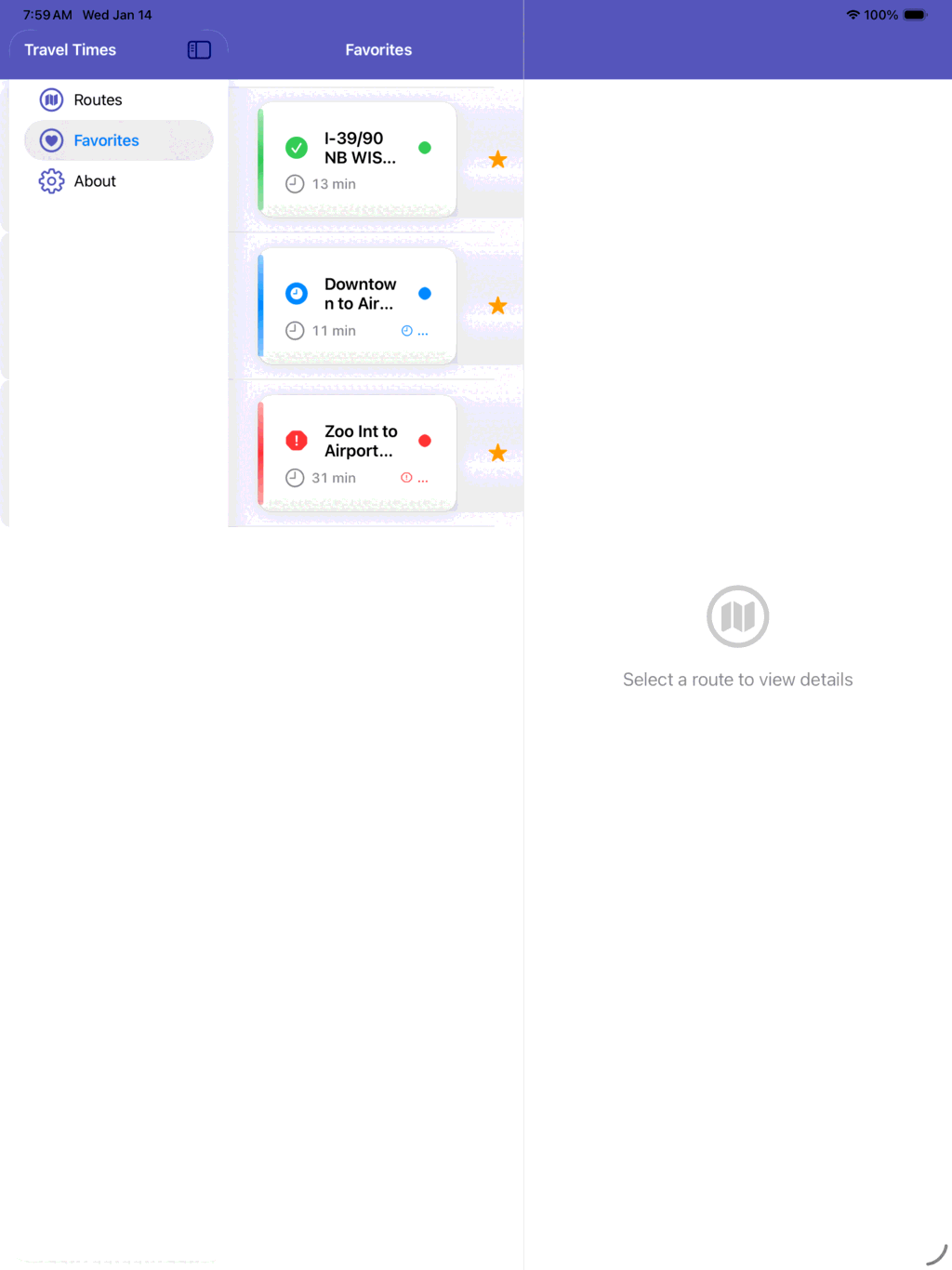 iPad Favorites split view: sidebar navigation, saved route list, and an empty detail pane.