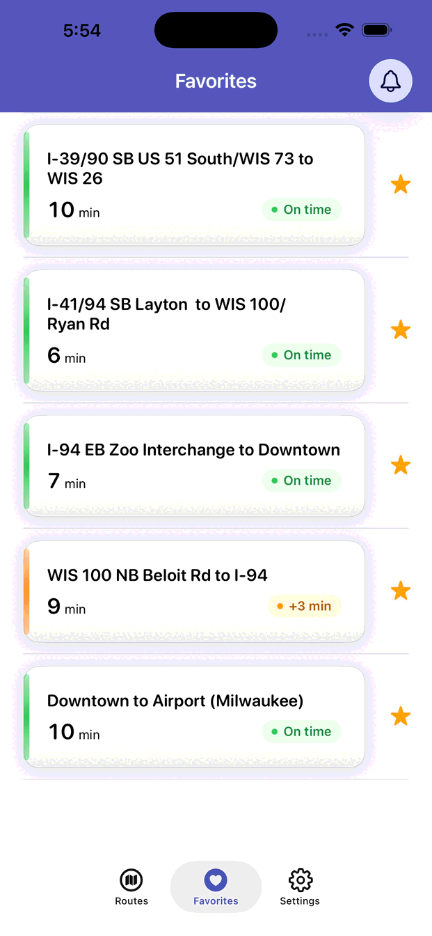 iPhone Favorites tab showing saved route cards and the notification bell button.