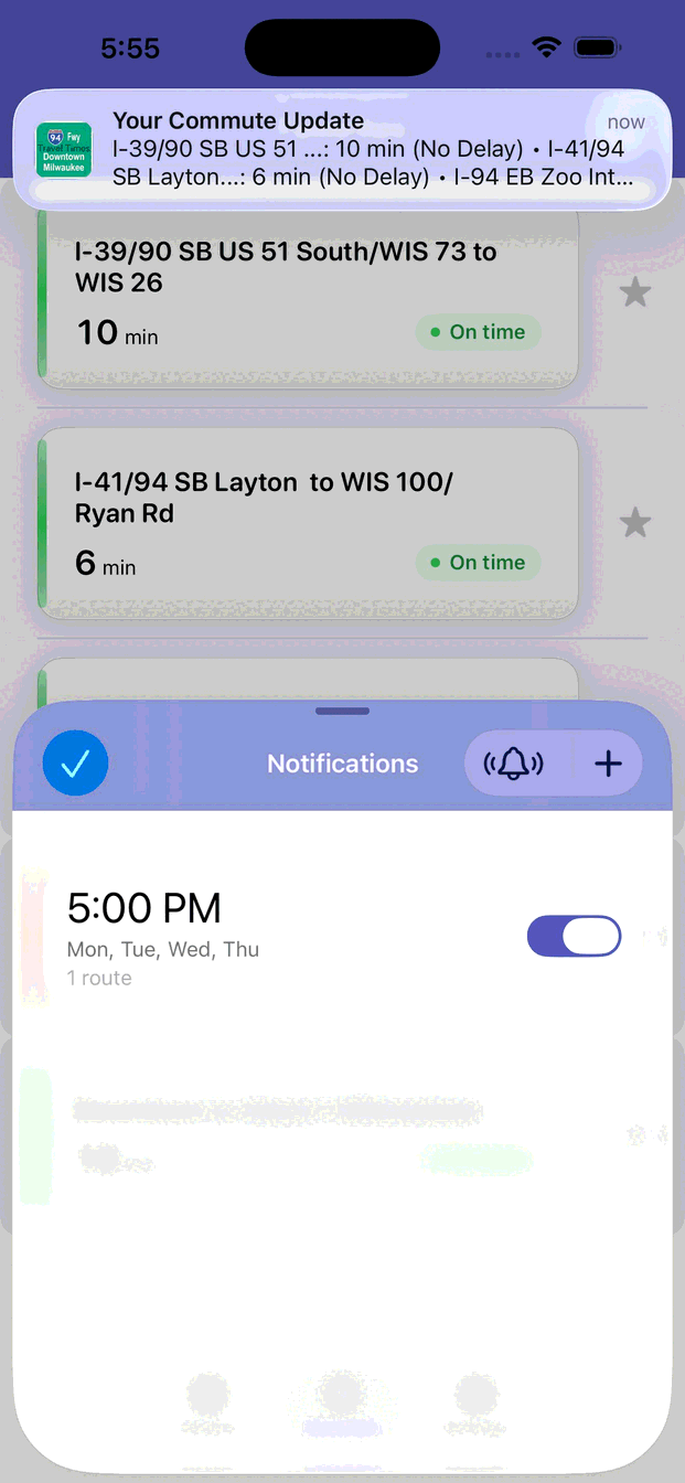 Notification schedule sheet with a 5:00 PM schedule and a sample commute notification banner.