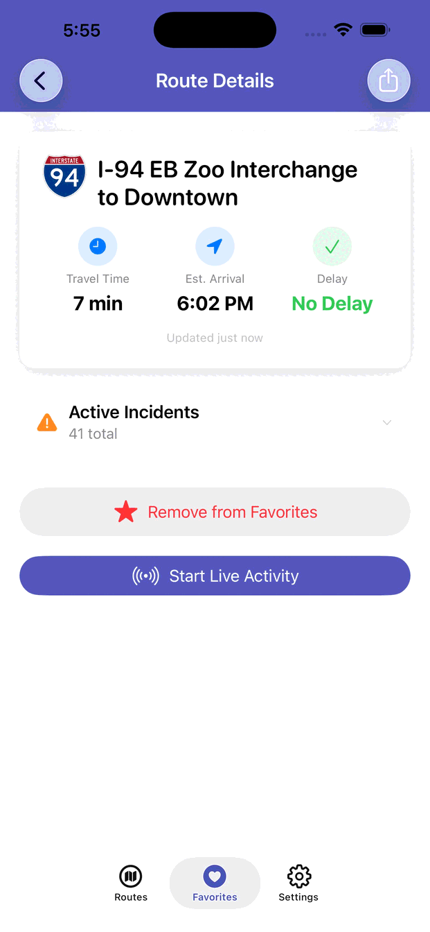 iPhone Route Details showing travel time, estimated arrival, delay, favorite, share, and Live Activity controls.