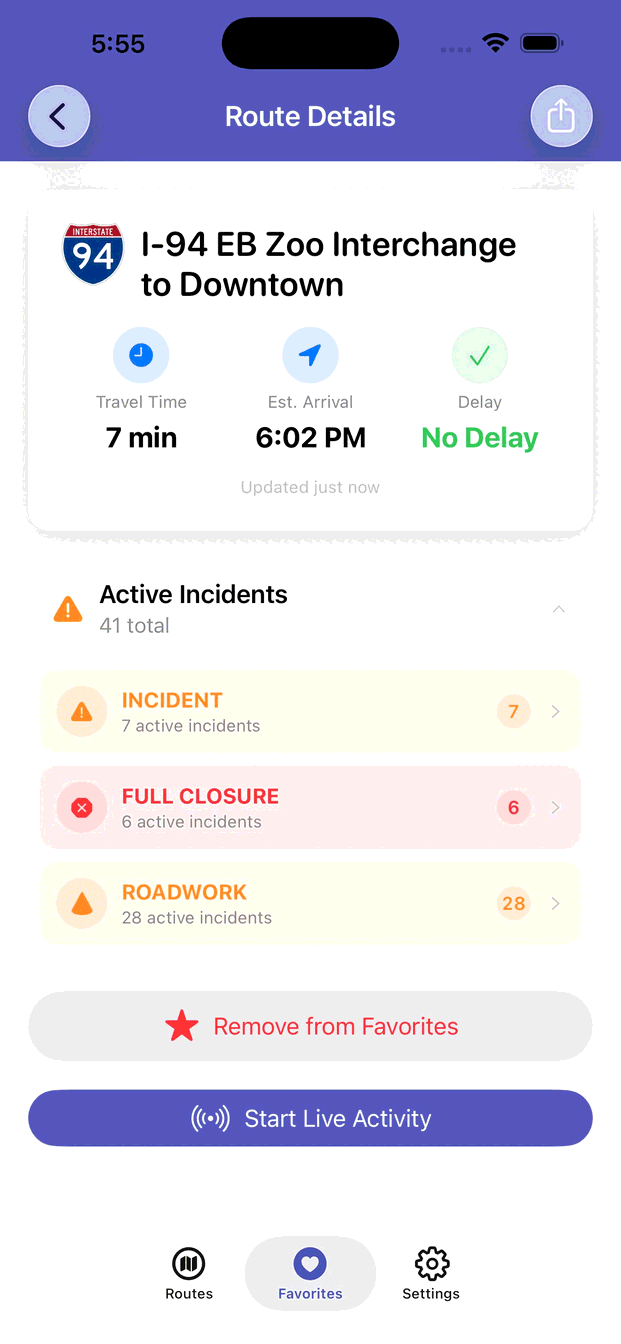 Route Details with active incident categories expanded below the route card.