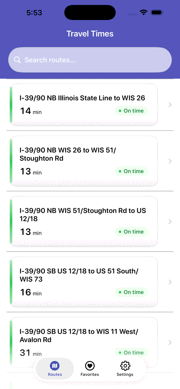 iPhone Routes tab: a search field above route cards, each showing travel time, a text status, and a colored status rule.