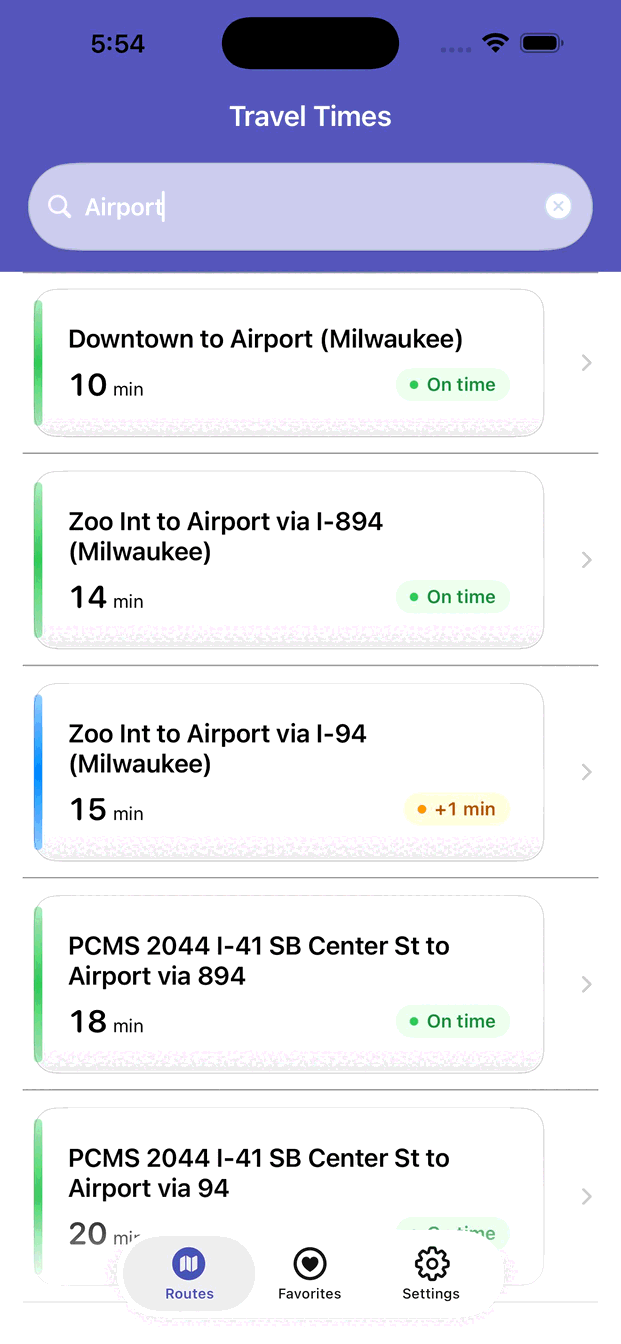 Routes search filtered to airport routes, showing a single minor-delay result.