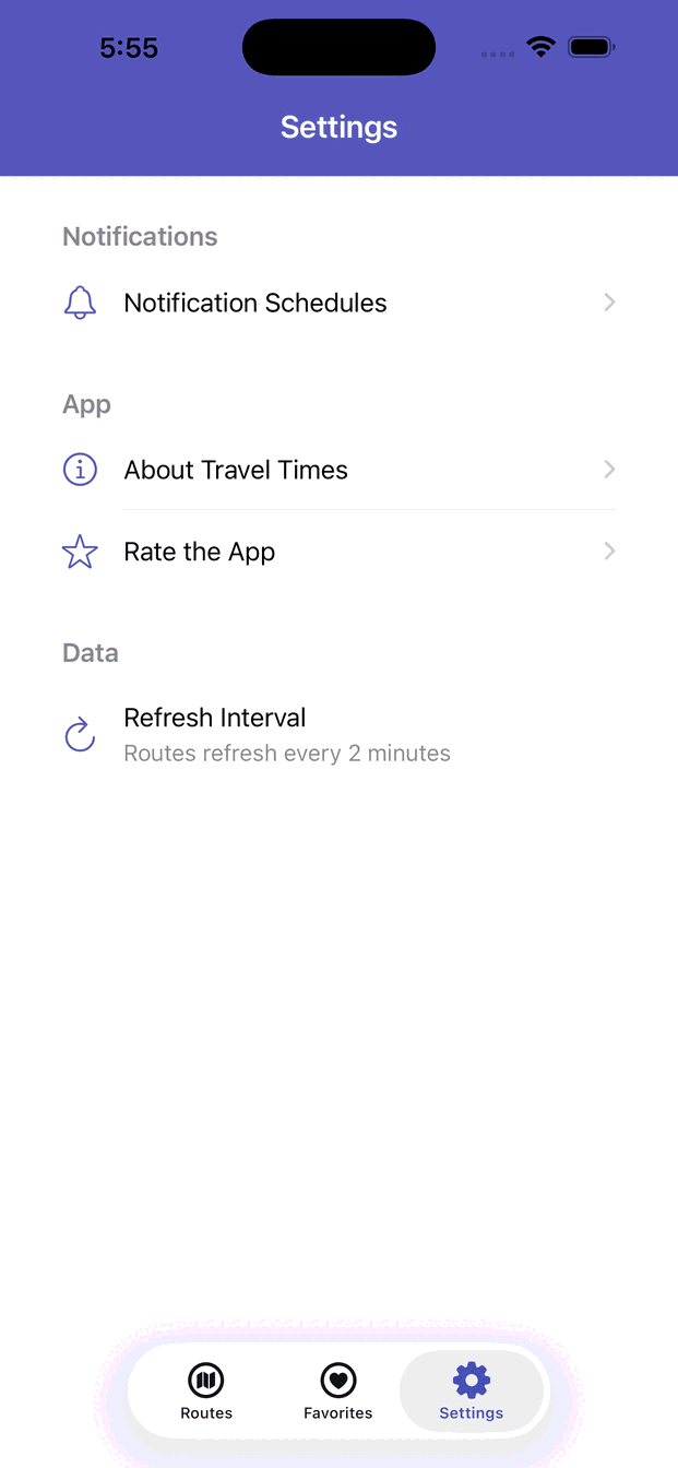 iPhone Settings screen showing notification schedules, app links, and refresh interval.